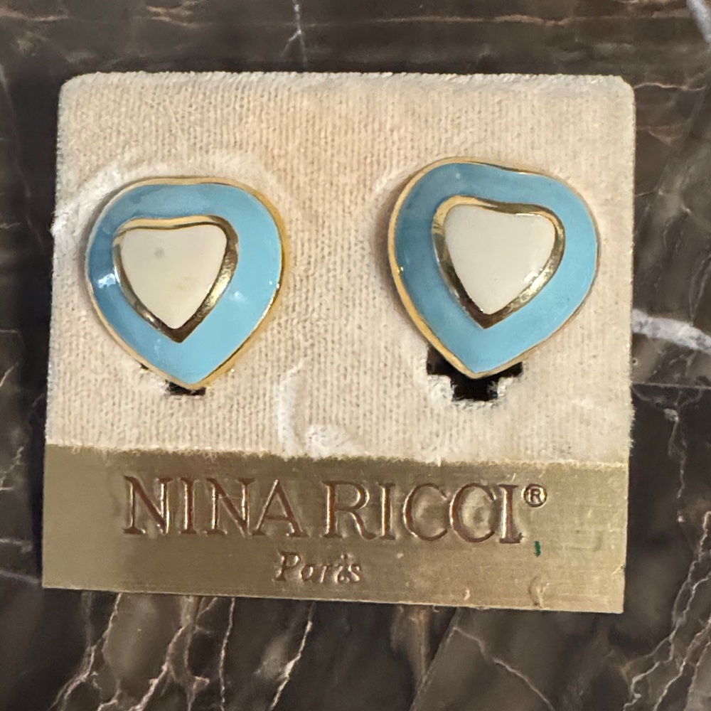 Nina Ricci Heart Earrings Gold plated  Blue Cream Heart Vintage Signed 80s 90s